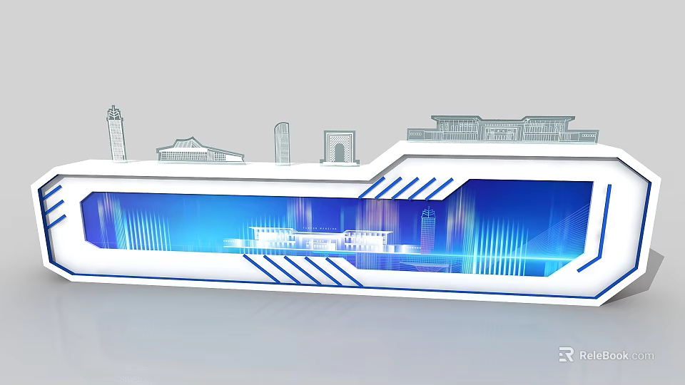 Blue And White Launch Device Featuring City Skyline Silhouettes And Modern Tech Design 3d model
