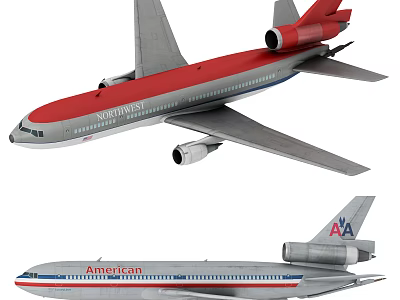 America West And American Airlines Airplanes Featuring Red Gray Bodies And AA Tail Logo 3d model