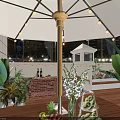 Outdoor Patio Design With Lighted Umbrella Brick Fireplace Plants And City Night View