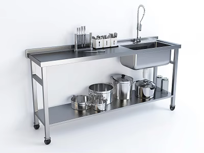 Stainless Steel Kitchen Sink on Mobile Cart with Utensils and Cooking Pots Storage 3d model