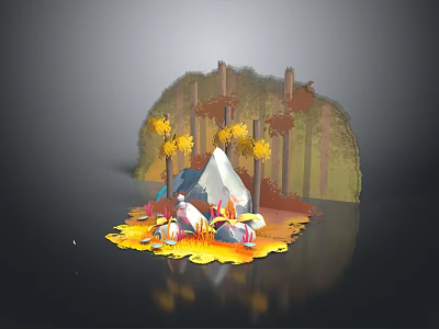 Autumn Forest Camp Scene with Campfire Tent Yellow Trees and Rocks 3d model