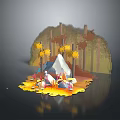 Autumn Forest Camp Scene with Campfire Tent Yellow Trees and Rocks
