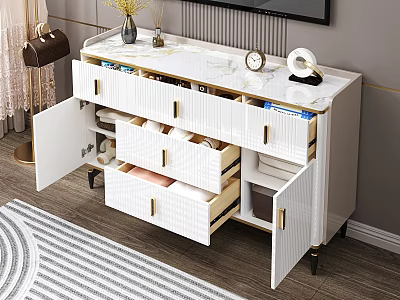 Elegant Modern White Dresser With Marble Top Drawers Cabinet Doors And Decor In Living Room 3d model