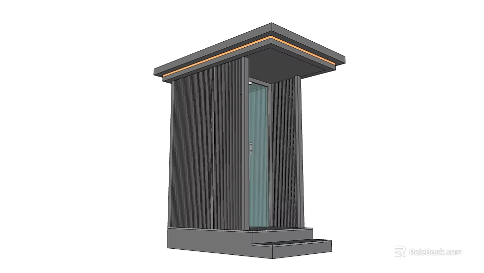 Modern Small Structure With Dark Gray Striped Panels Glass Door Top Lighting And Front Step 3d model 