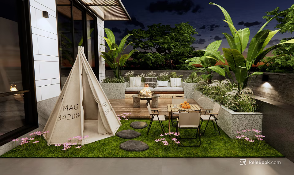 Cozy Courtyard Garden With Green Lawn Stone Path Teepee And Outdoor Furniture 3d model 