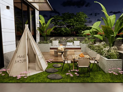Cozy Courtyard Garden With Green Lawn Stone Path Teepee And Outdoor Furniture 3d model