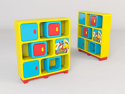 Colorful Hallway And Side Cabinet With Yellow Frame Blue Red Drawers And Cartoon Prints 3d model