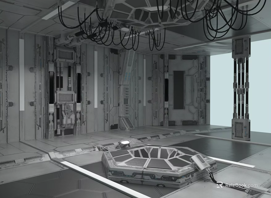 Cartoon Sci Fi Interior Scene With Mechanical Structures Hanging Cables Hexagonal Platform And Metal Walls 3d model 