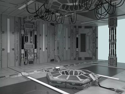 Cartoon Sci Fi Interior Scene With Mechanical Structures Hanging Cables Hexagonal Platform And Metal Walls 3d model
