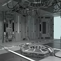 Cartoon Sci Fi Interior Scene With Mechanical Structures Hanging Cables Hexagonal Platform And Metal Walls 3d model