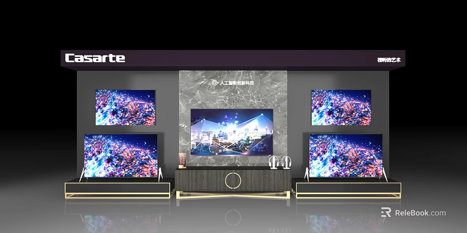 Modern TV Background Wall Design with Main Screen Multiple Displays and Marble Panel 3d model 