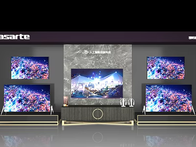 Modern TV Background Wall Design with Main Screen Multiple Displays and Marble Panel 3d model