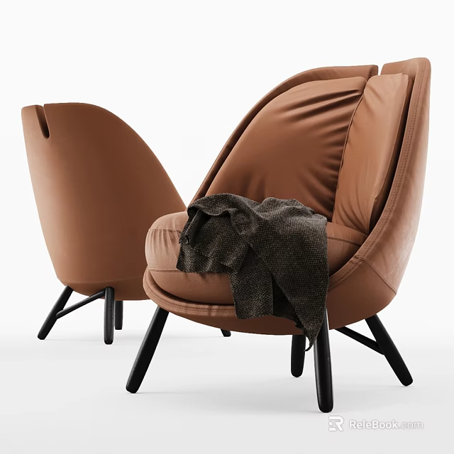 Brown Leather Single Seater Sofa with Blanket and Black Legs Modern Design 3d model 