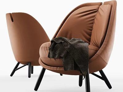 Brown Leather Single Seater Sofa with Blanket and Black Legs Modern Design 3d model