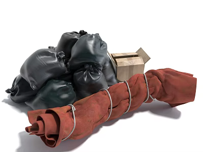 Household Items With Garbage Bags Cardboard Box And Rolled Cloth 3d model