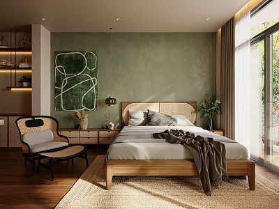Hotel Room Interior With Wooden Bed Green Walls Abstract Painting Armchair And Natural Light 3d model