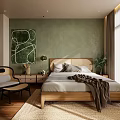 Hotel Room Interior With Wooden Bed Green Walls Abstract Painting Armchair And Natural Light