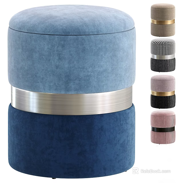 Modern Blue Velvet Ottoman With Metallic Strip And Various Colored Elegant Designs 3d model 