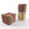 Brown And Beige Fabric Stools With Red Cross Straps And Square Shape