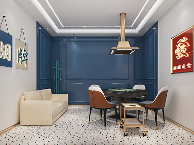 Hotel Mahjong Room Interior Design With Blue Walls Mahjong Table Sofa Chairs And Decorative Paintings 3d model