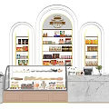 Modern Pastry Shop Interior With Arched Display Shelves Glass Counter And Marble Checkout