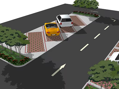 Eco friendly Parking Lot Design With Parked Cars Trees And Brick Pavement 3d model