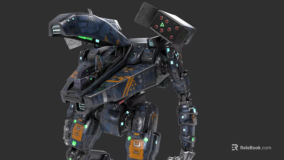 Futuristic Mechanical Game Movie Character With Dark Blue Orange Accents And Green Lights 3d model 
