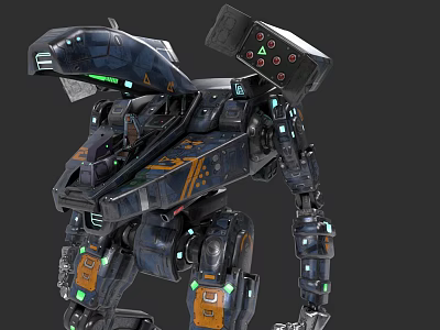 Futuristic Mechanical Game Movie Character With Dark Blue Orange Accents And Green Lights 3d model