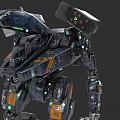 Futuristic Mechanical Game Movie Character With Dark Blue Orange Accents And Green Lights