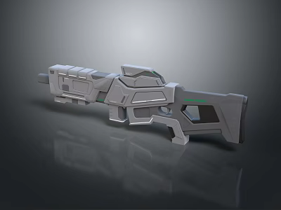 Futuristic Sci Fi Weapon 3D Model With Gray Metallic Finish And Green Accent Details 3d model
