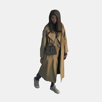 Woman Wearing Beige Long Coat Carrying Black Bag With Gray Shoes 3d model
