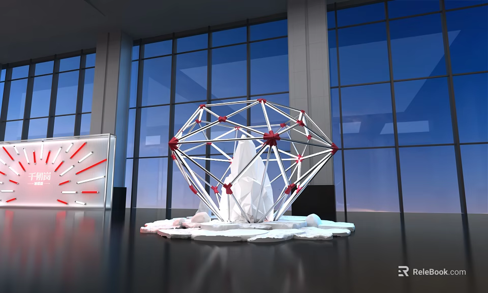 Modern Geometric Structure With Red Connectors In Building Large Glass Windows White Base 3d model 