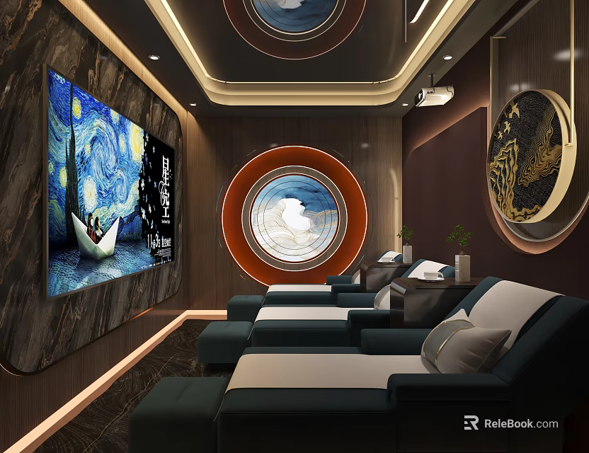 Modern SPA Sauna Interior Design With Reclining Chairs Van Gogh Painting And Circular Window 3d model 