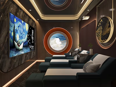 Modern SPA Sauna Interior Design With Reclining Chairs Van Gogh Painting And Circular Window 3d model