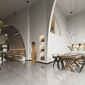 Modern Restaurant Interior Design With Archway Structure Pendant Lights Wooden Tables And Green Plants