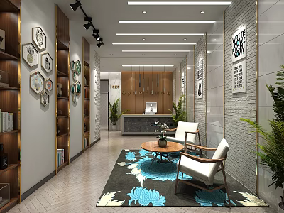 Modern Shop Front Desk in Corridor With Decorative Paintings Green Plants Rug And Chairs 3d model