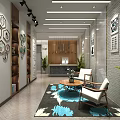 Modern Shop Front Desk in Corridor With Decorative Paintings Green Plants Rug And Chairs
