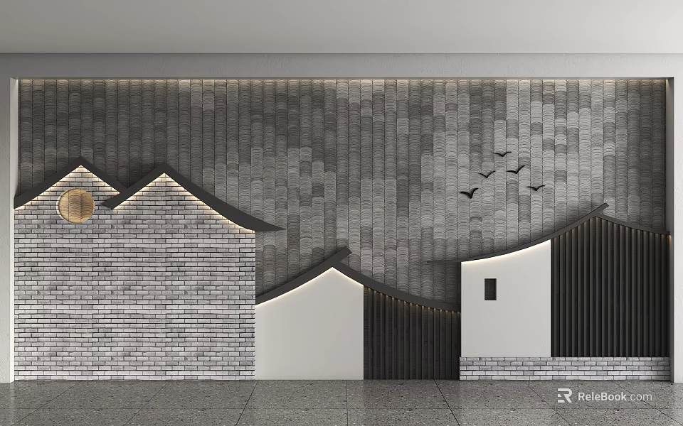 Modern Chinese Style Background Wall With Gray Tiles Bricks And Flying Bird Decorations 3d model 