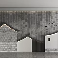 Modern Chinese Style Background Wall With Gray Tiles Bricks And Flying Bird Decorations