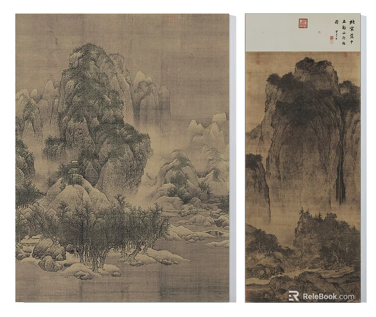 Traditional Chinese Landscape Painting With Mountains Trees Rocks And Water Elements 3d model 