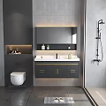 Modern Bathroom Vanity With Gray Cabinet White Countertop And Gold Handles