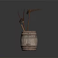 Vintage Industrial Equipment In Wooden Barrel Including Fork Sickle And Tools