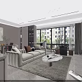 Modern Living Dining Room Interior With Beige Sofa Dining Table Area Rug And Large Windows