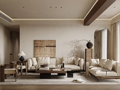 Soft Beige Fabric Sofa And Solid Wood Coffee Table Combination For Warm Elegant Living Space 3d model