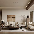 Soft Beige Fabric Sofa And Solid Wood Coffee Table Combination For Warm Elegant Living Space