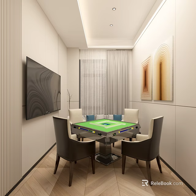 Hotel Mahjong Room with Green Table Comfortable Chairs Wall TV and Decorative Paintings 3d model 