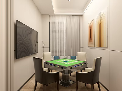 Hotel Mahjong Room with Green Table Comfortable Chairs Wall TV and Decorative Paintings 3d model