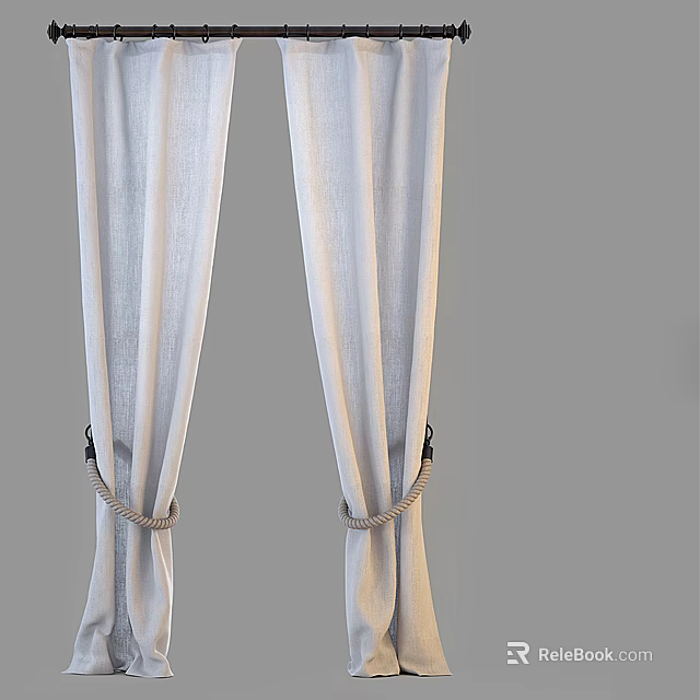 White Linen Curtains Hanging With Rope Ties In Simple Modern Style 3d model 