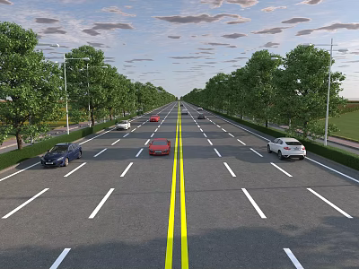 Wide Road With Yellow Divider Lined With Green Trees And Driving Cars Under Cloudy Sky 3d model