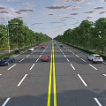 Wide Road With Yellow Divider Lined With Green Trees And Driving Cars Under Cloudy Sky